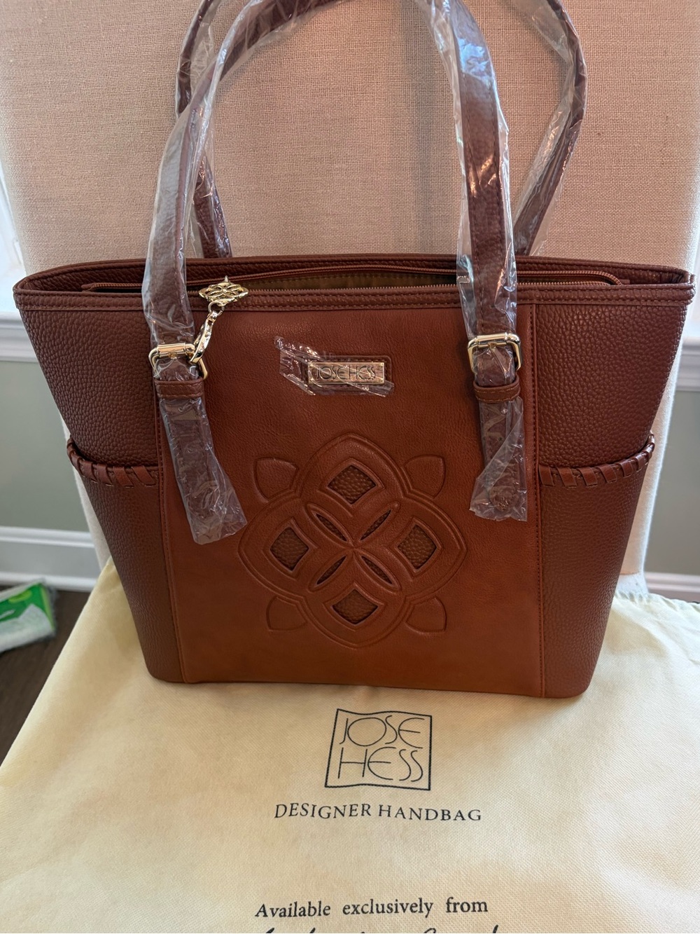 Jose Hess Chestnut Leather Tote with Embossed Front